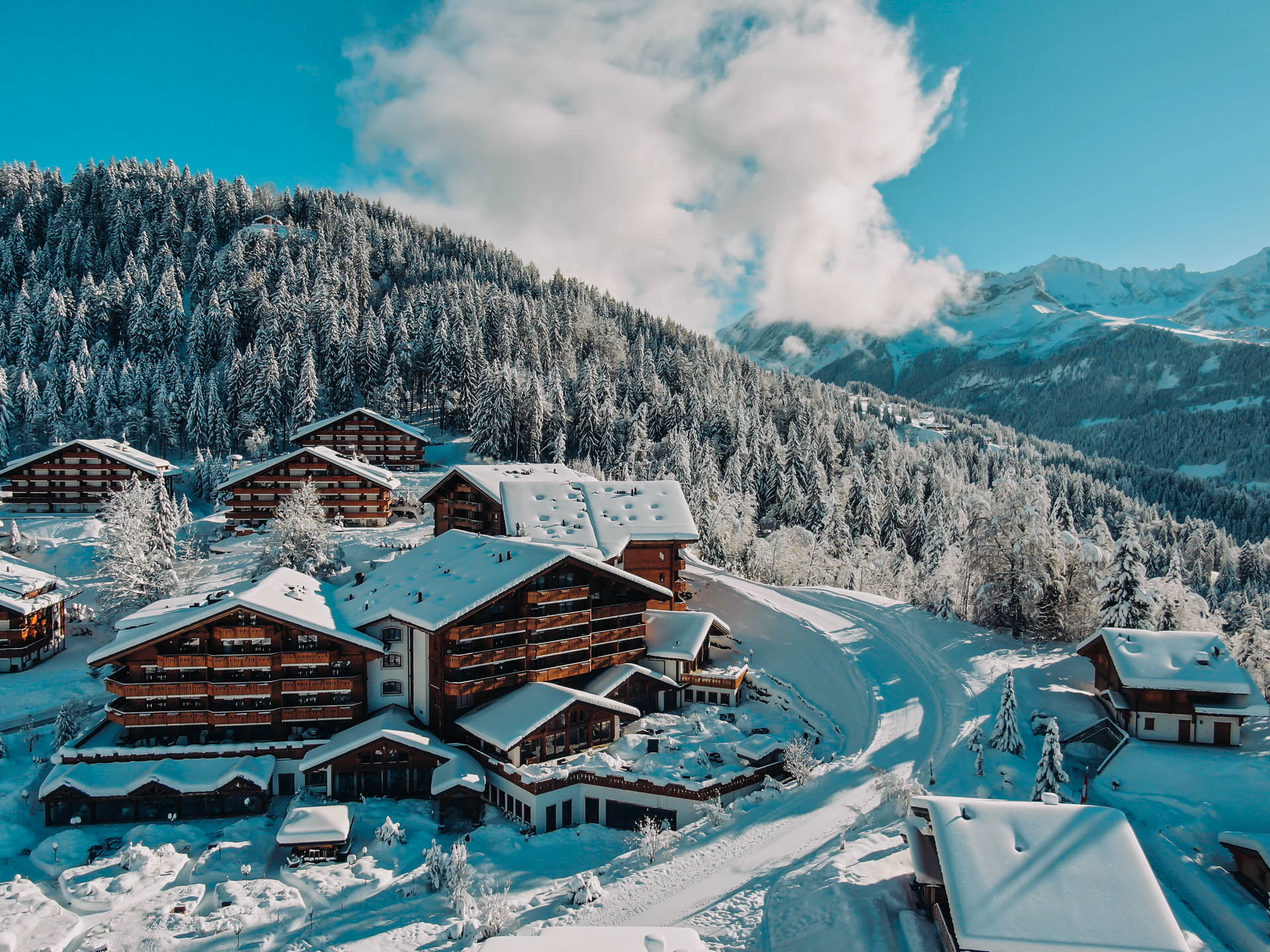 Drone view of snow covered hotels