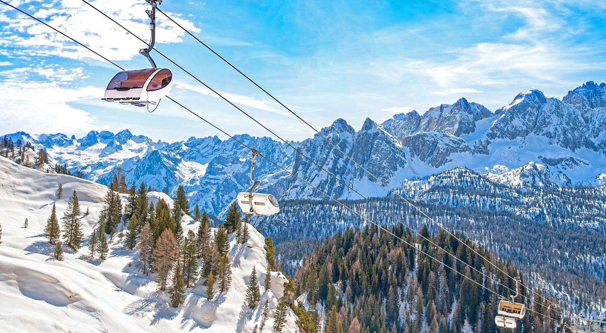 Ski cable cars in the mountains of Cortina d’Ampezzo