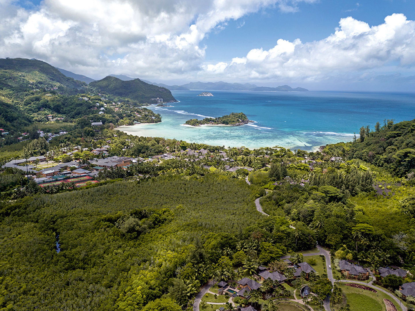Indian Ocean, Seychelles, Constance Ephelia, Aerial of landscape and sea