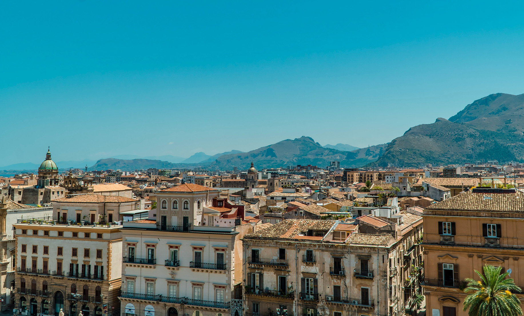 Europe, Italy, Sicily, Palermo rooftops under a blue sky