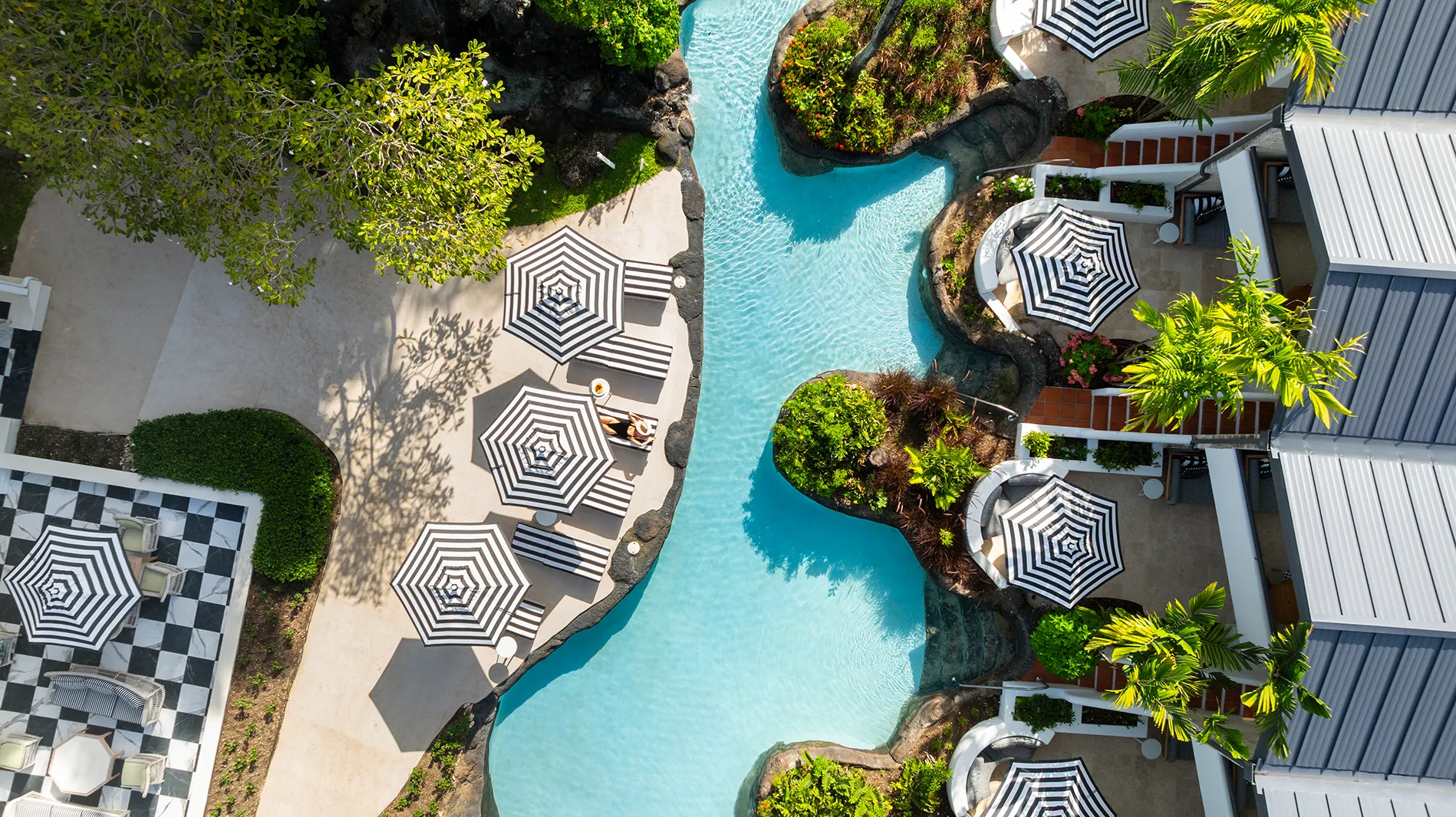 Caribbean, Barbados, Colony Club, aerial view of pool and private verandas