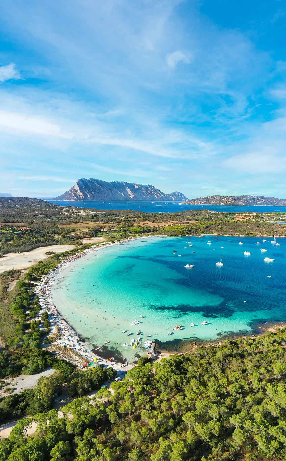 aerial view of Cala Brandinchi beach with its beautiful white sand, and crystal clear turquoise water. Tavolara island in the distance, Sardinia, Italy.
