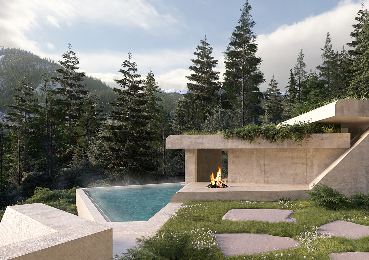 A modern cement building among greenery, featuring a steaming swimming pool and small lit bonfire