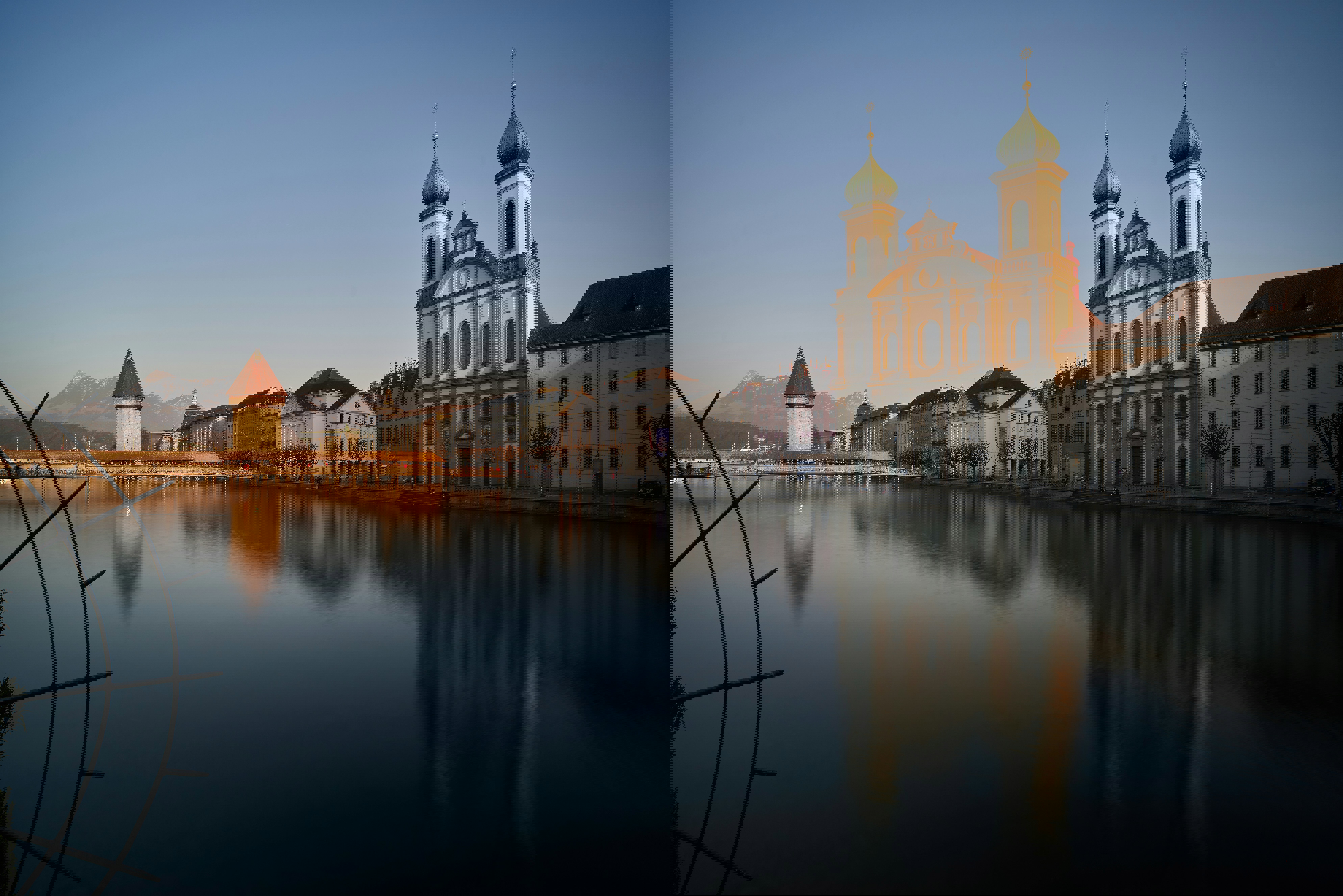 A calming view of the Jesuit Church and Water Tower on the Reuss River in Lucerne, Switzerland, with Mount Pilatus in the background during twilight.