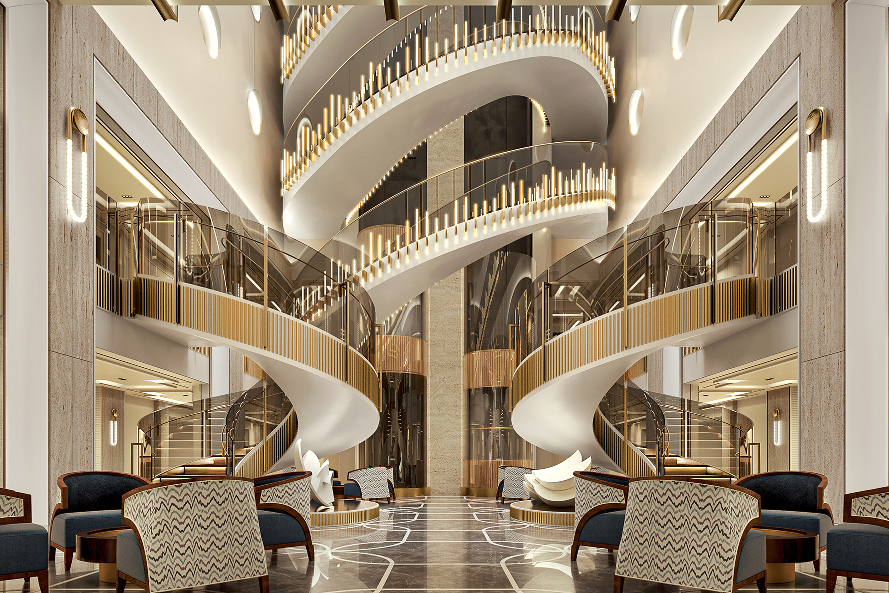 The gold and cream spiral staircases of the Starlight Atrium of Seven Seas Prestige lit up at night with seating below