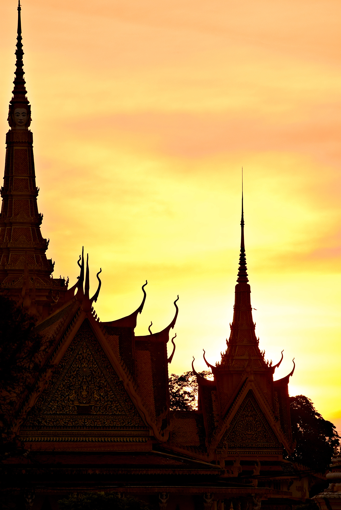Silhouette of Royal palace in Pnom Penh at Sunset, Cambodia