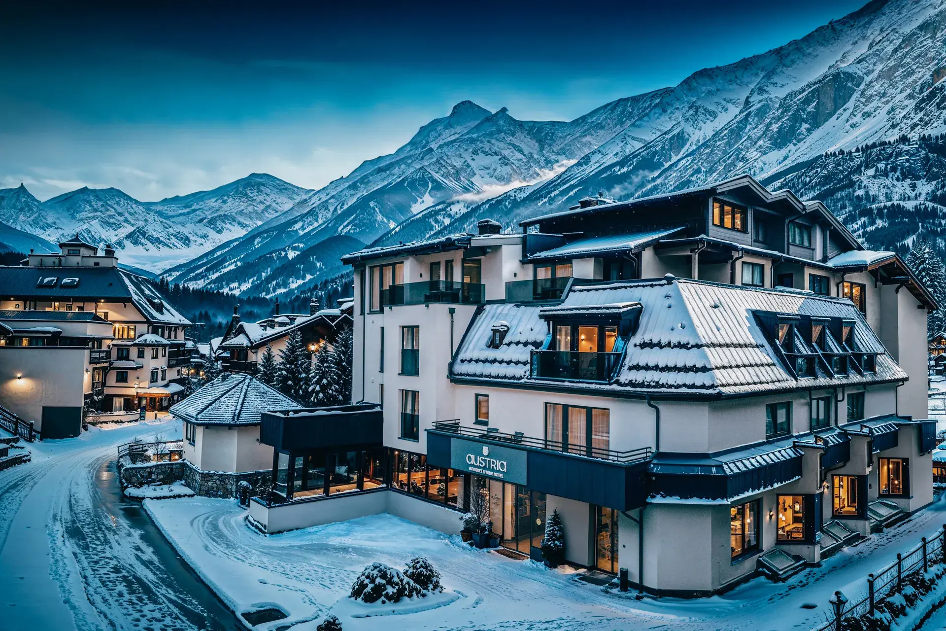 A picturesque winter view of the Gourmet and Wine Hotel Austria, framed by snow-covered buildings and majestic mountain scenery