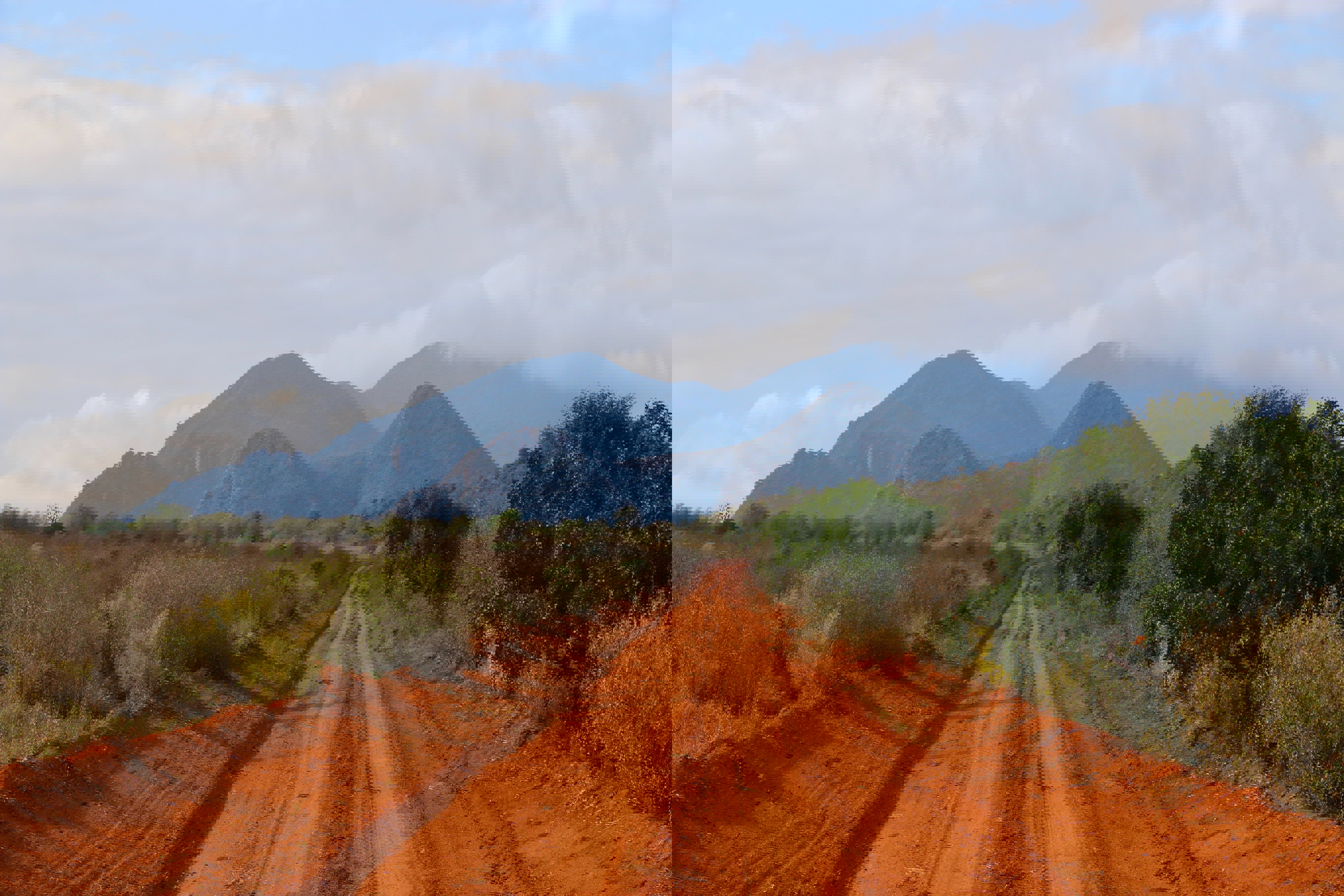 A view down a dirt path towards green mountains