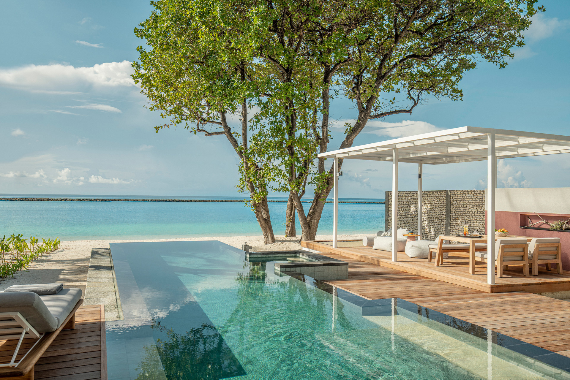 A long outdoor pool stretching towards the ocean with a cabana and tree at the side