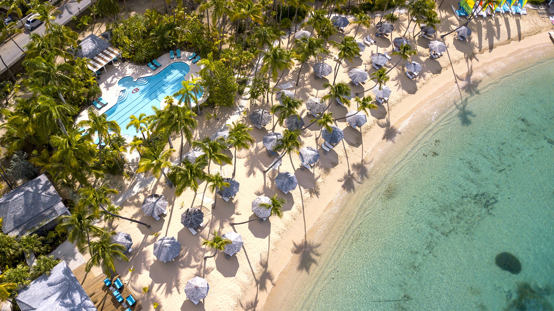 Caribbean & Mexico, Antigua, Curtain Bluff, Aerial shot of beach