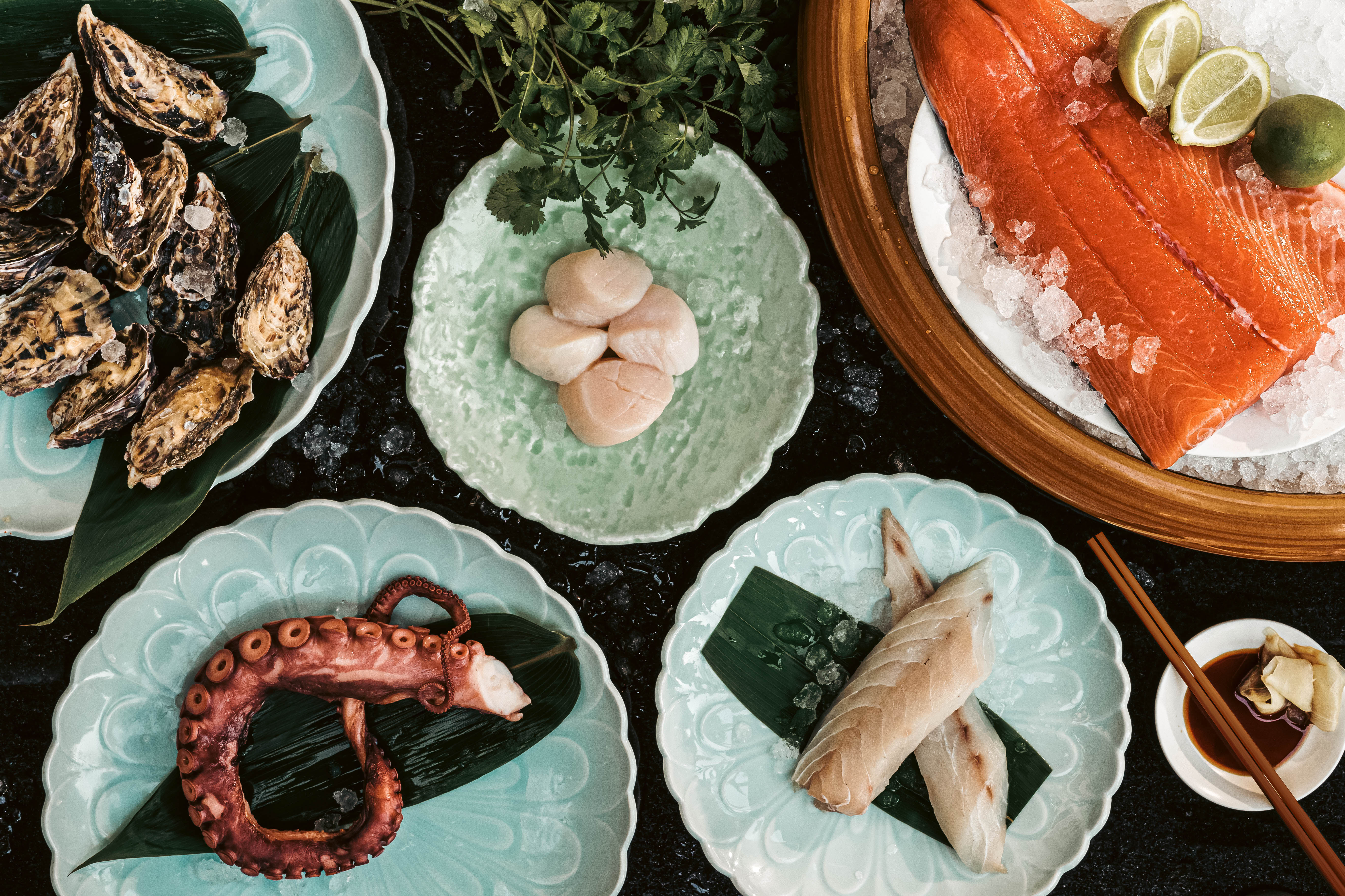 Seafood on cermaic plates