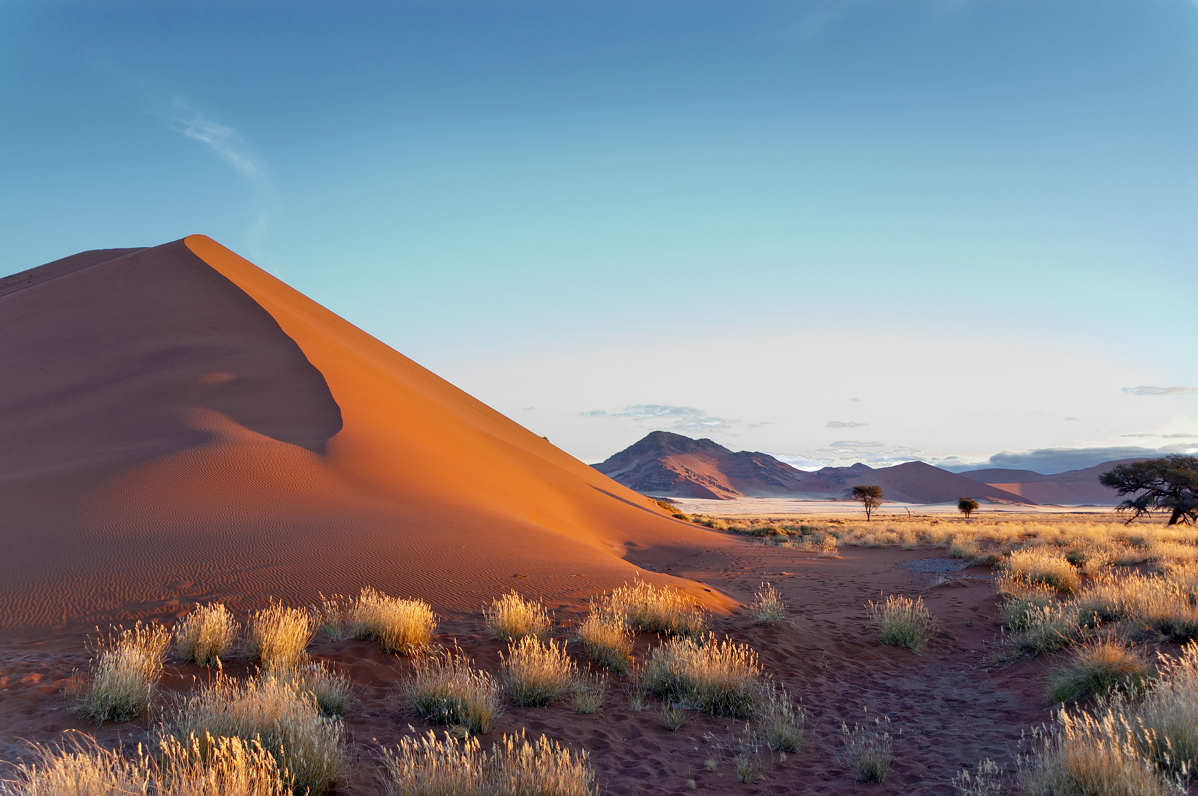 The sun sets on an orange dune in the Namib desert