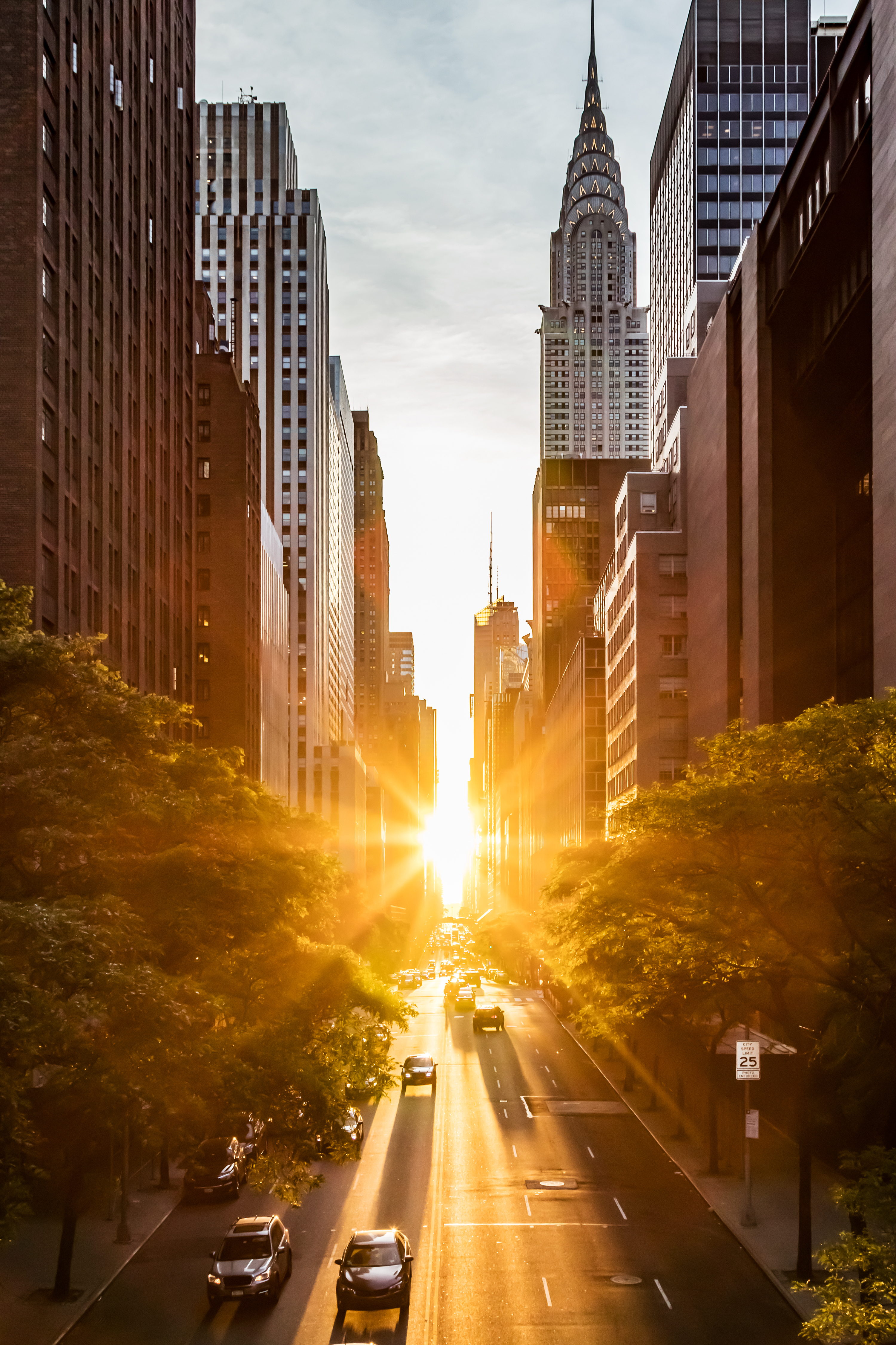 Sunset light shining on the buildings and cars on 42nd Street in Midtown New York City