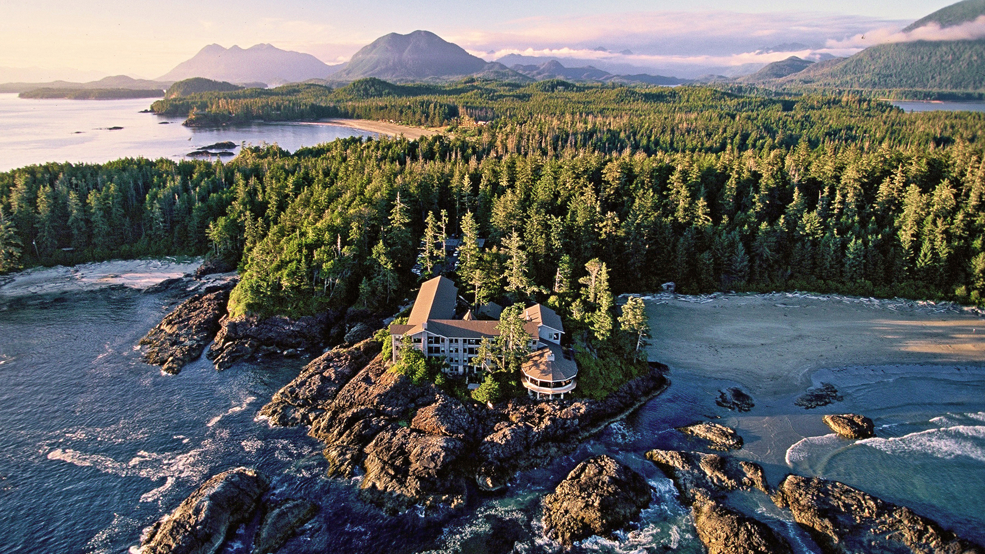 North america & canada, Canada, Wickaninnish inn, Sunset aerial