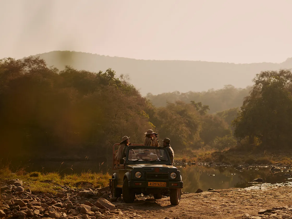 Asia, India, Aman-i-Khas, three people in a stationary safari vehicle, one is looking through a pair of binoculars