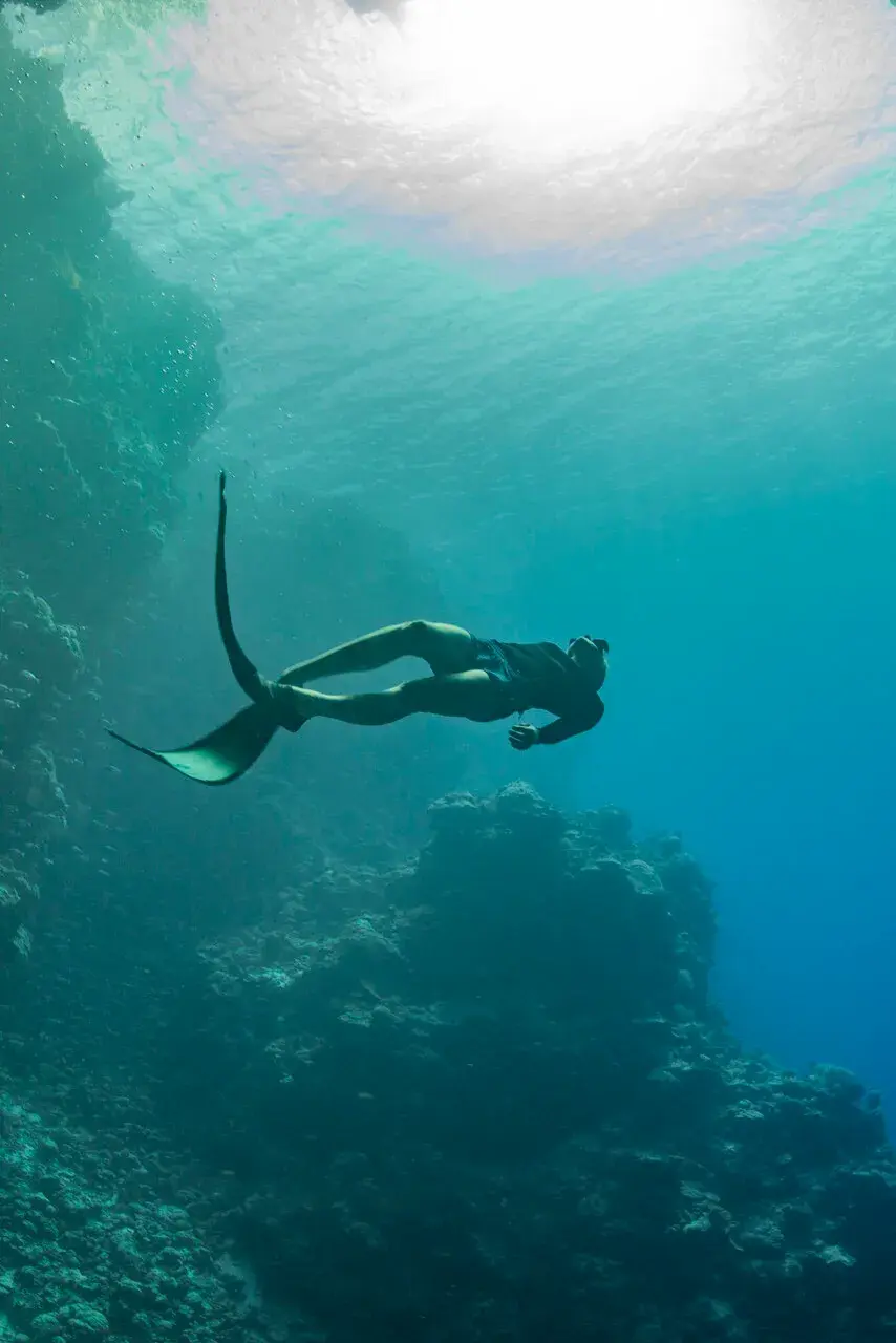 A person free diving on a coral reef, swimming while facing the surface of the ocean where light beams penetrate 