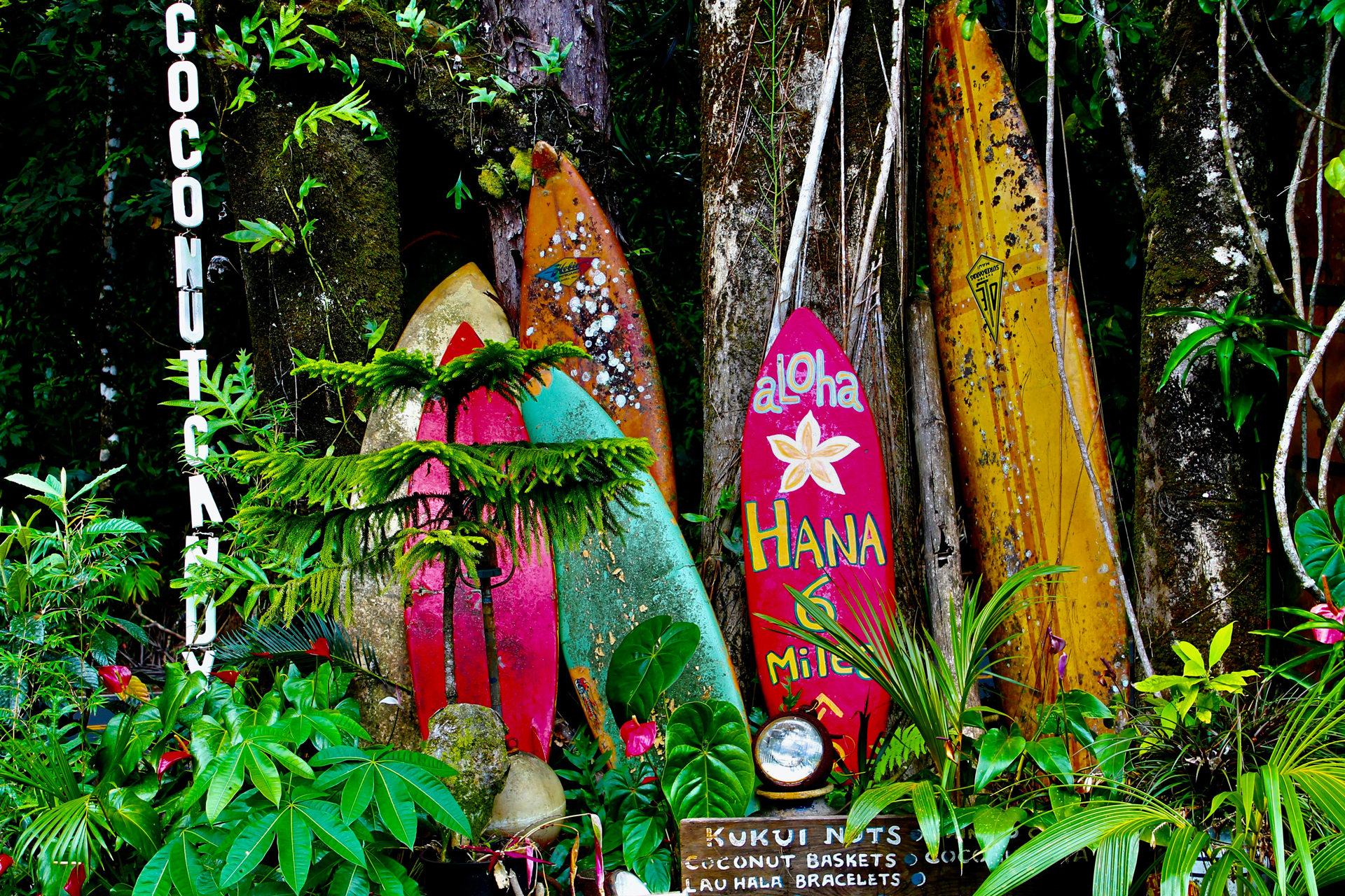Surfboards used as signs to Hana, Hawaii