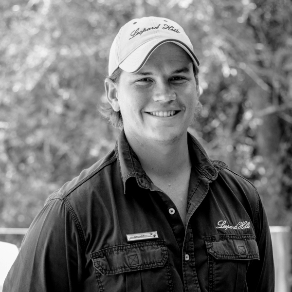 Black and white portrait of Stuart Buy, the Head Ranger at Leopard Hills Private Game Reserve