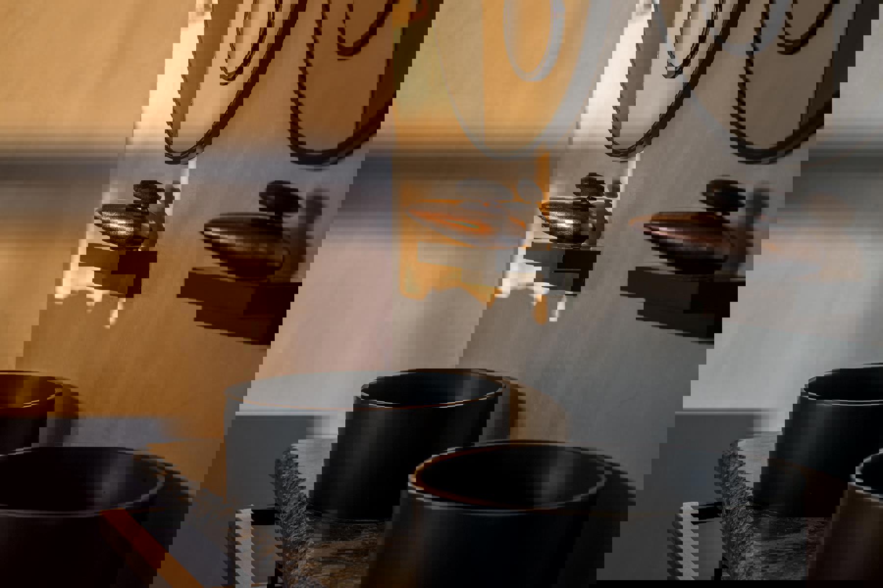 Copper and black pebble taps lit up during golden hour