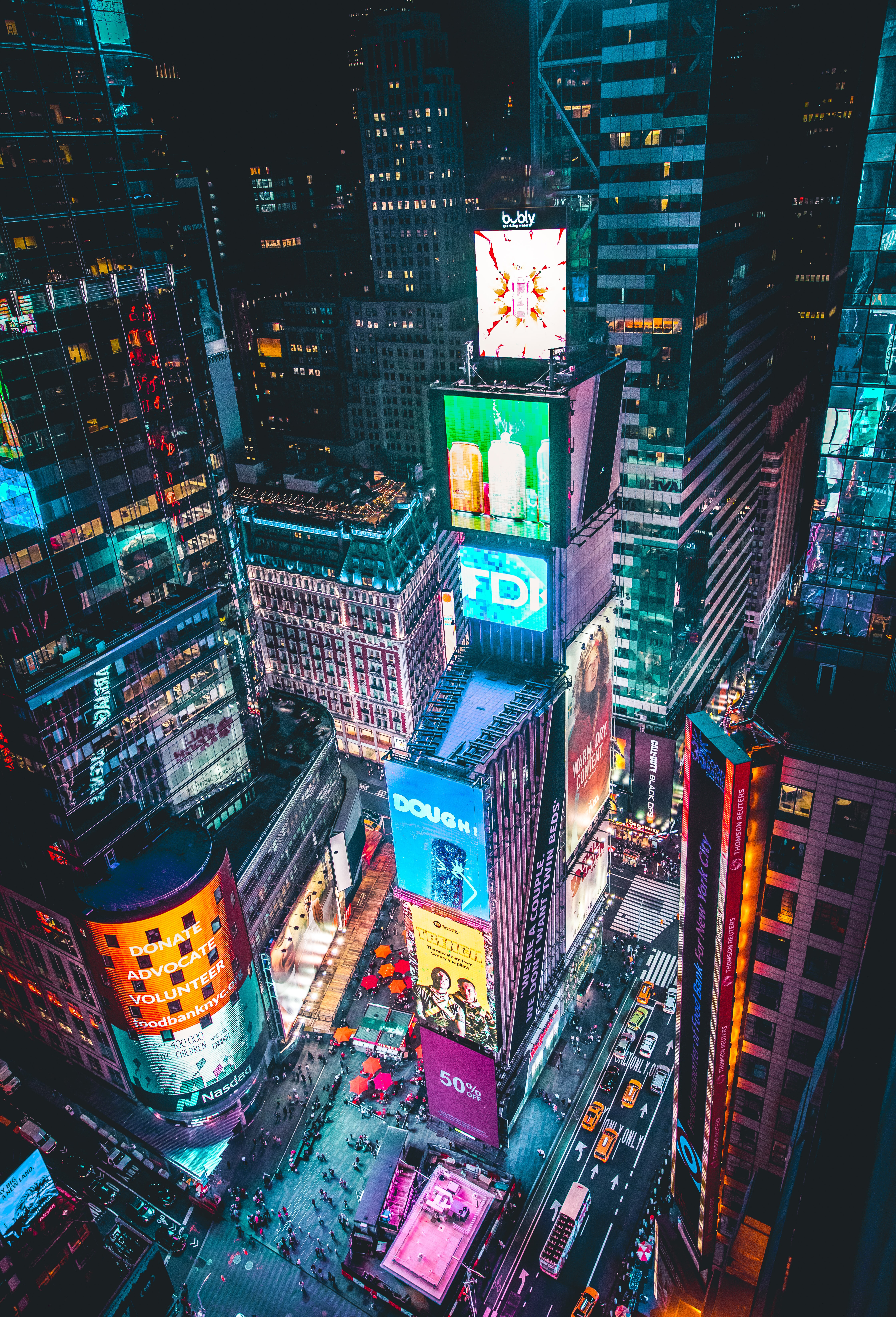 Looking down on time square at night