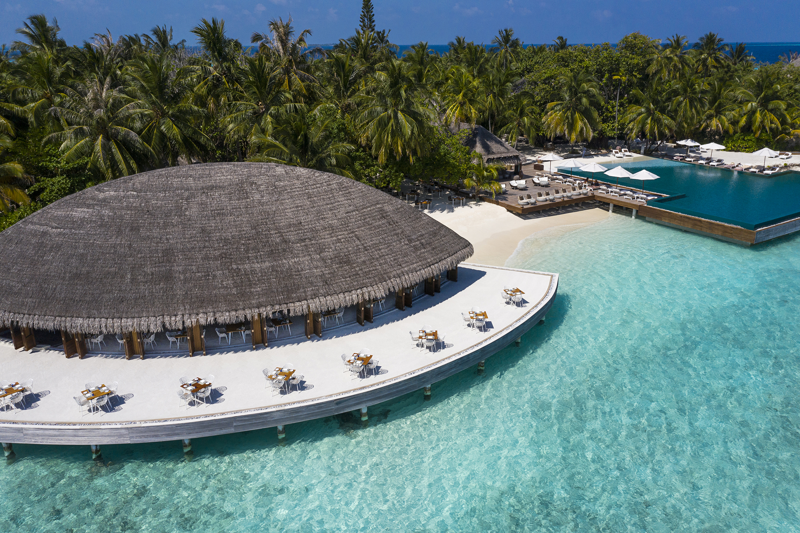 The oval building of Celsius restaurant with a white deck featuring dinner tables by the ocean and a glimpse of a large pool behind flanked by palm trees under a clear sky
