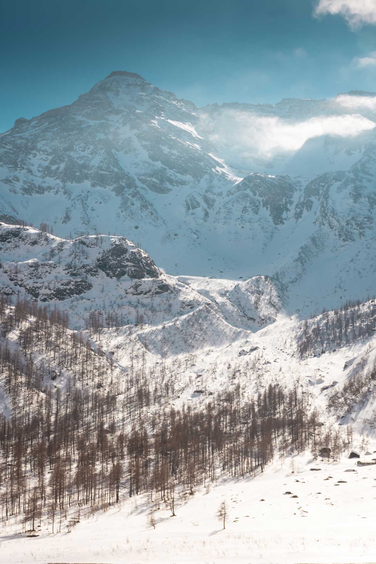Snowy landscape in Pian della Mussa mountain, Piedmont, Italy