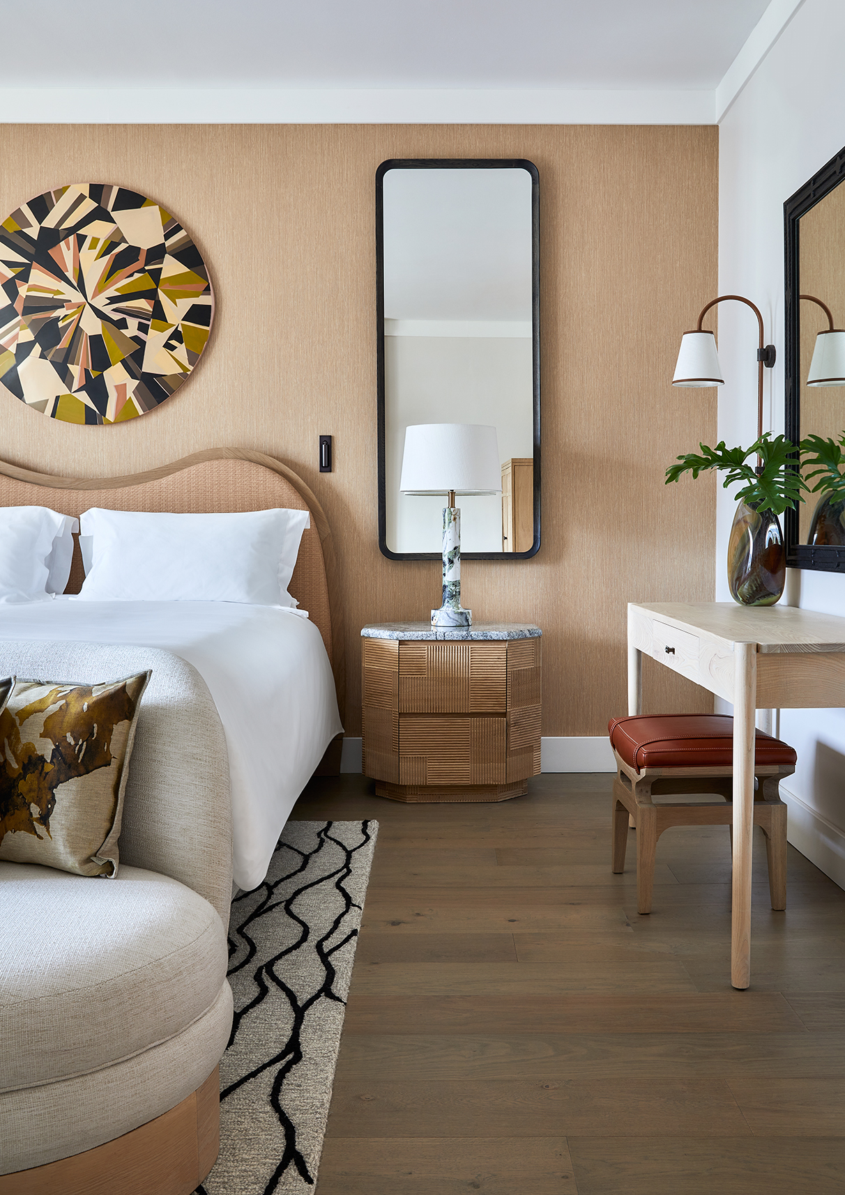 Africa, South Africa, One&Only Cape Town, marina view suite king bedroom, close up of bed, mirror and bedside table