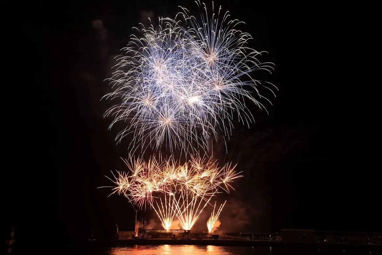 Fireworks bursting over a waterfront at night, reflected on the water below.