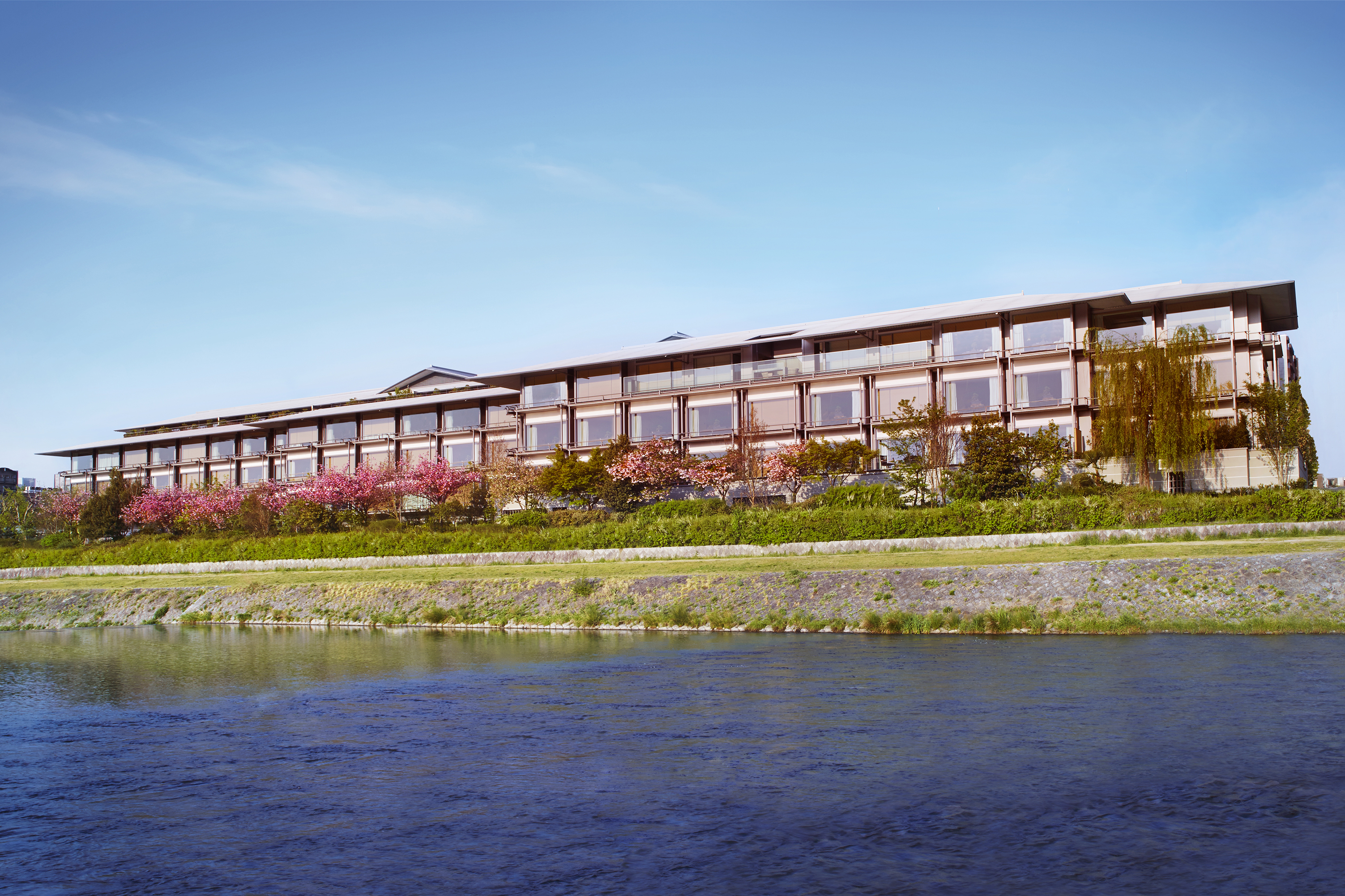The exterior of Ritz-Carlton Kyoto on the river bank under a clear sky with cherry blossoms in bloom