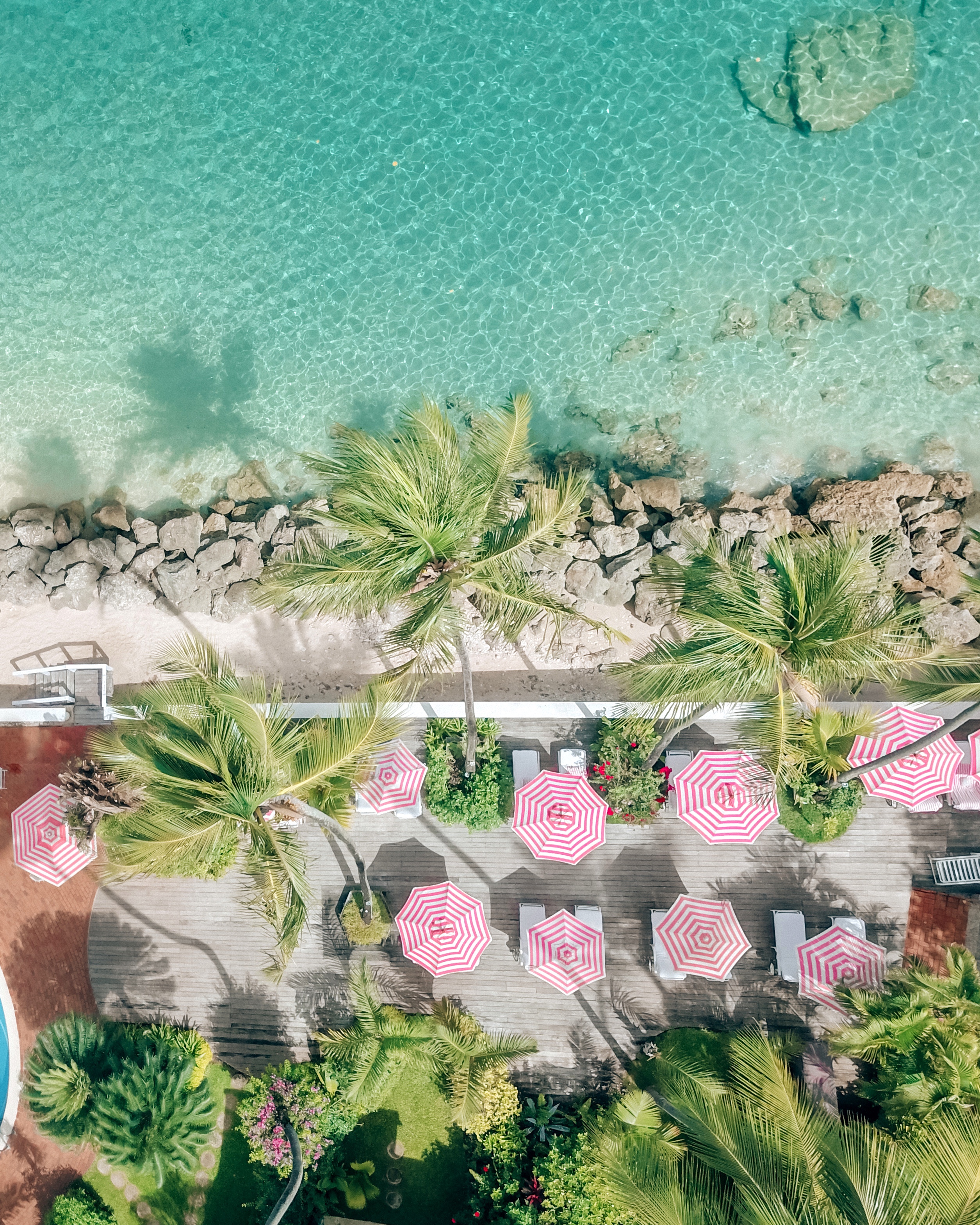 Pink and white sun loungers on pool terrace beside the beach
