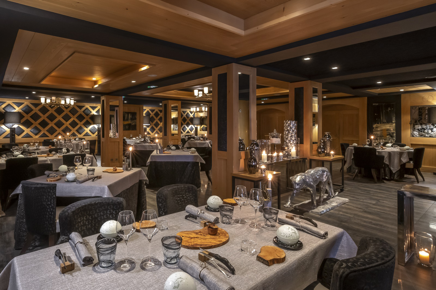 Ski & Snow, Europe, France, Meribel, Le Kalia, restaurant L'Erkin with low lighting 