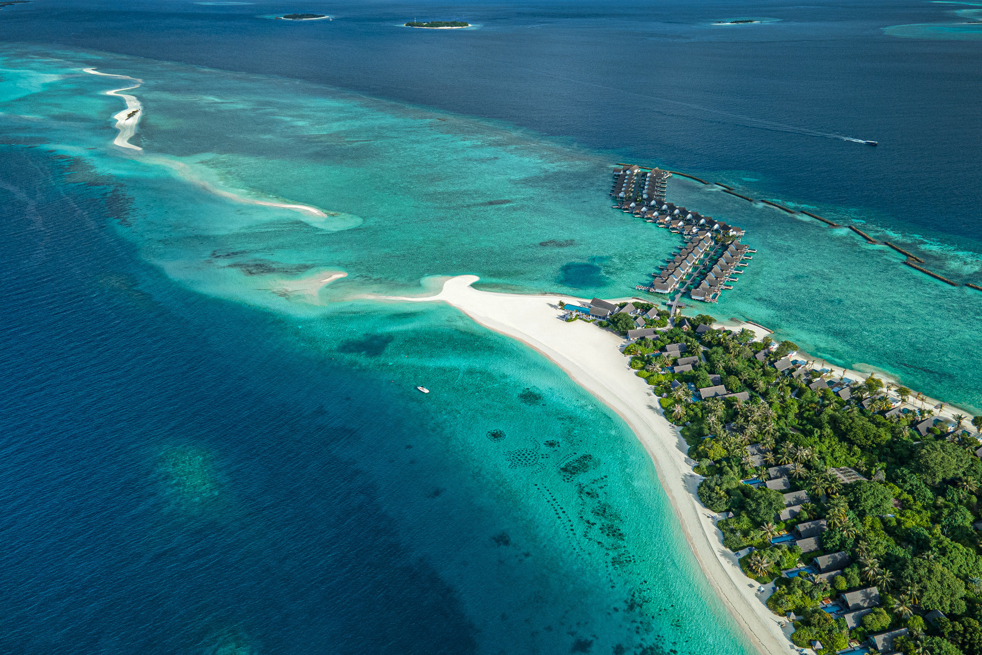A birds eye view of a lush Maldivian island stretching into the ocean with over water villas