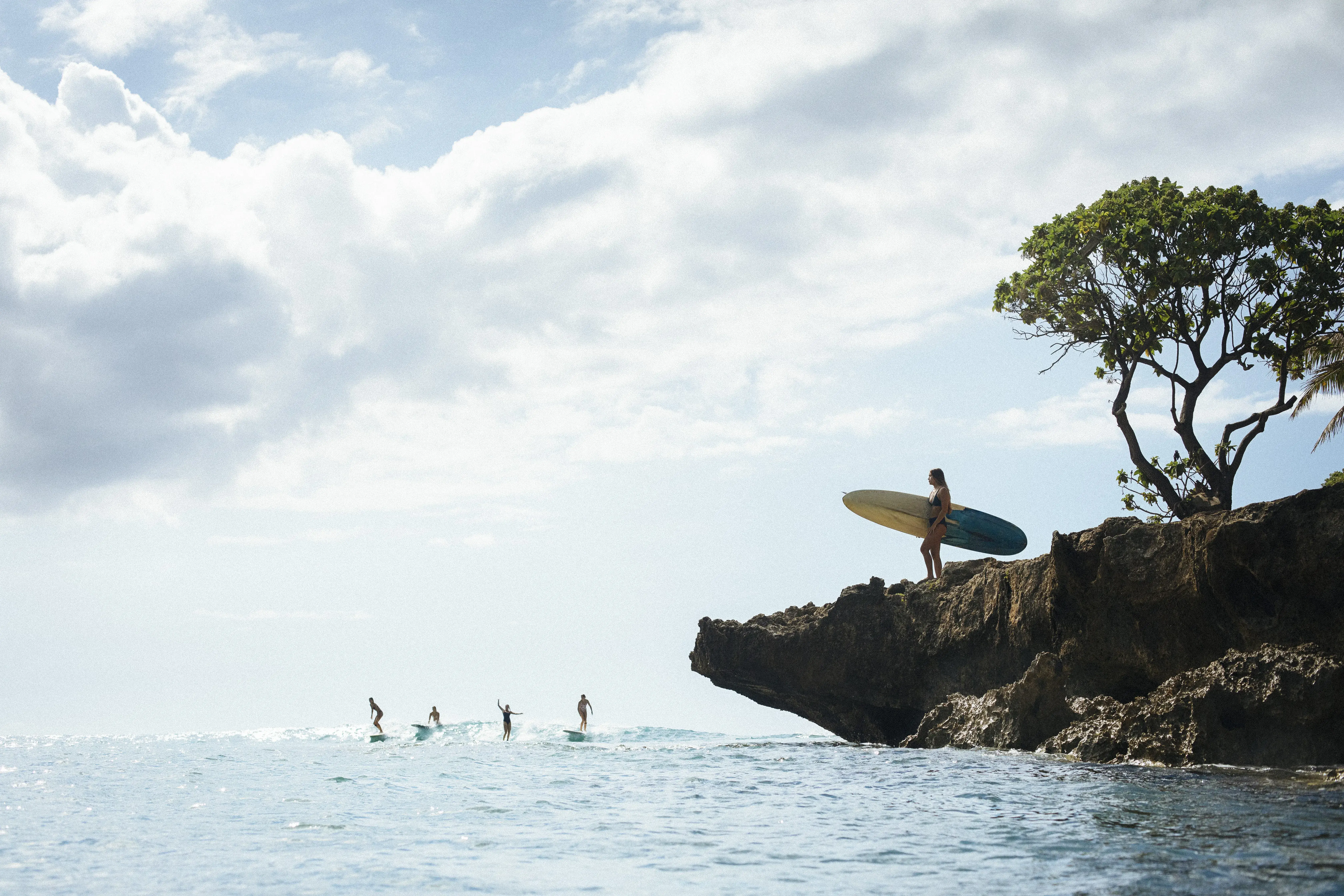 People surfing under a sunny sky with one surfer stood on a rocky overhang in front of a tree