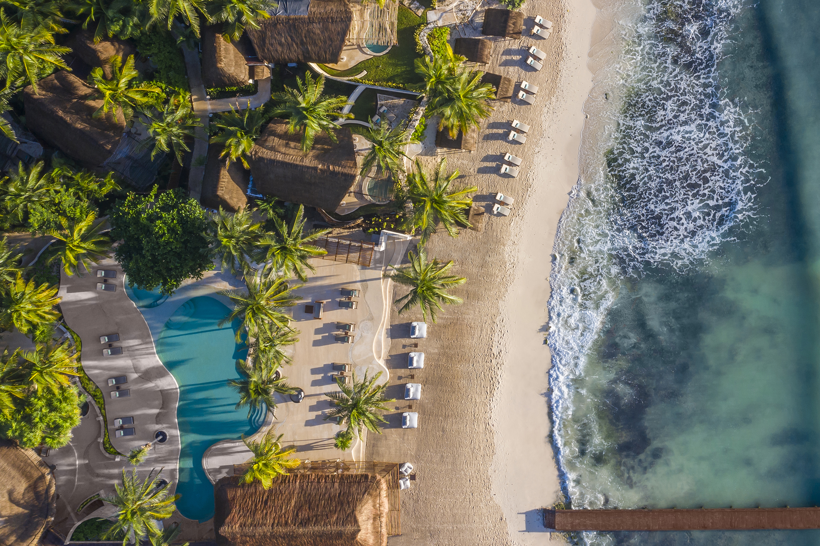A birds eye view of Viceroy Riviera Maya featuring the pool and thatched buildings beside a beach with lapping waves