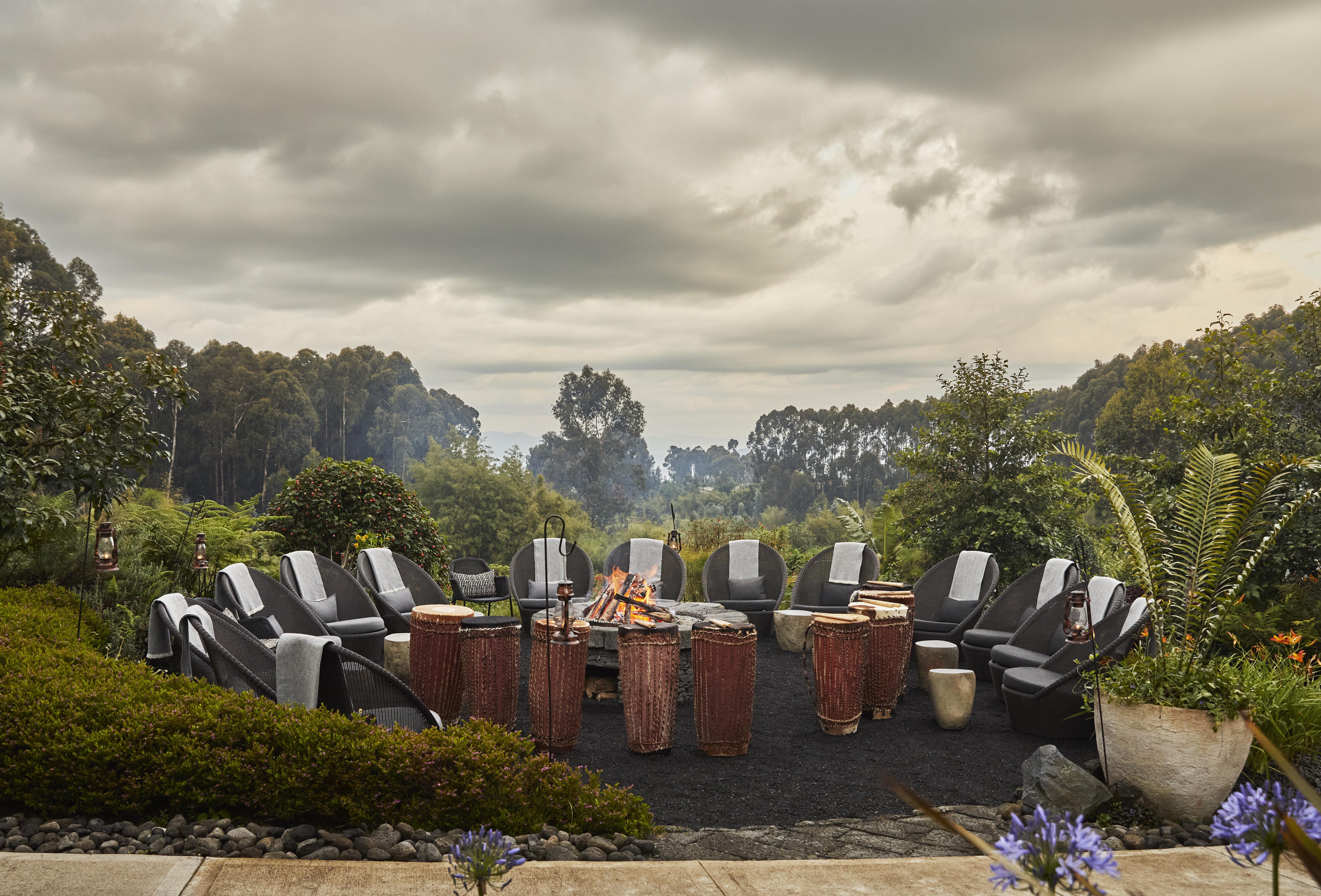 Outdoor seating around a bonfire