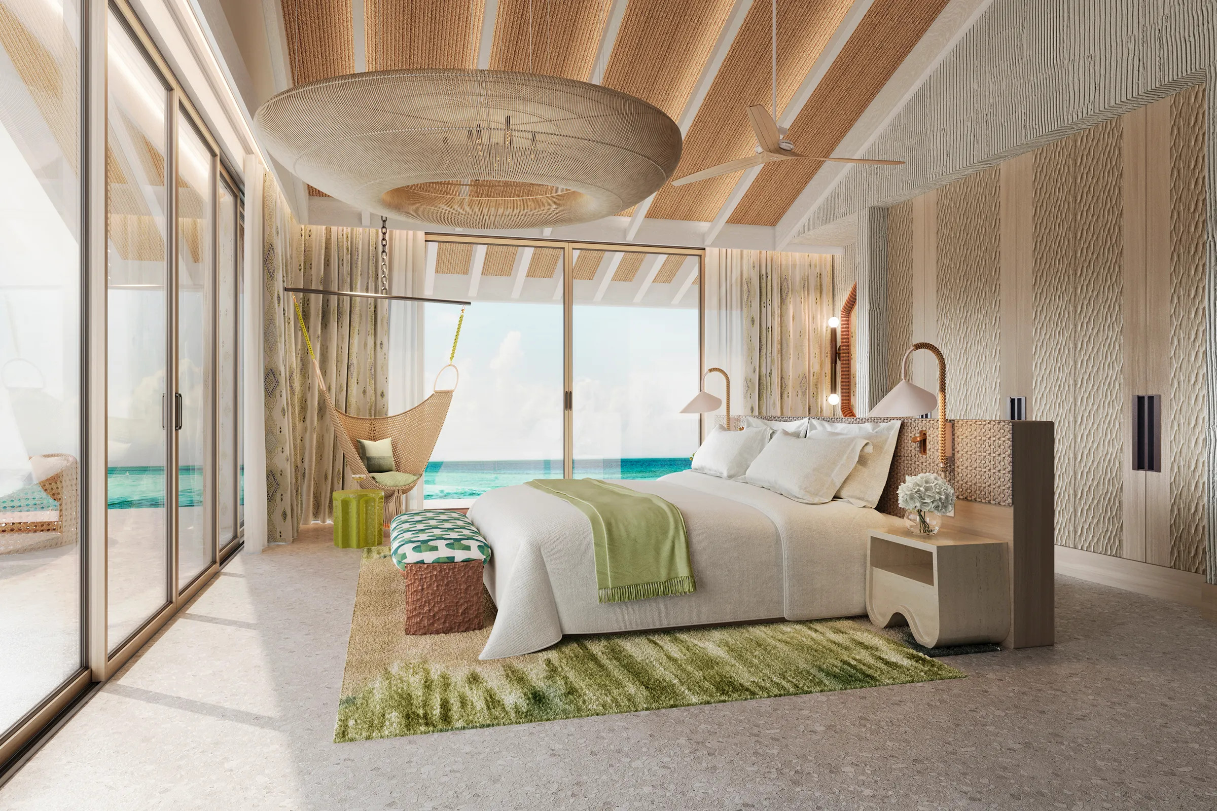 Contemporary bedroom in the Water Villa at .Here Resort in the Maldives with ocean views, hammock chair, and natural textures.