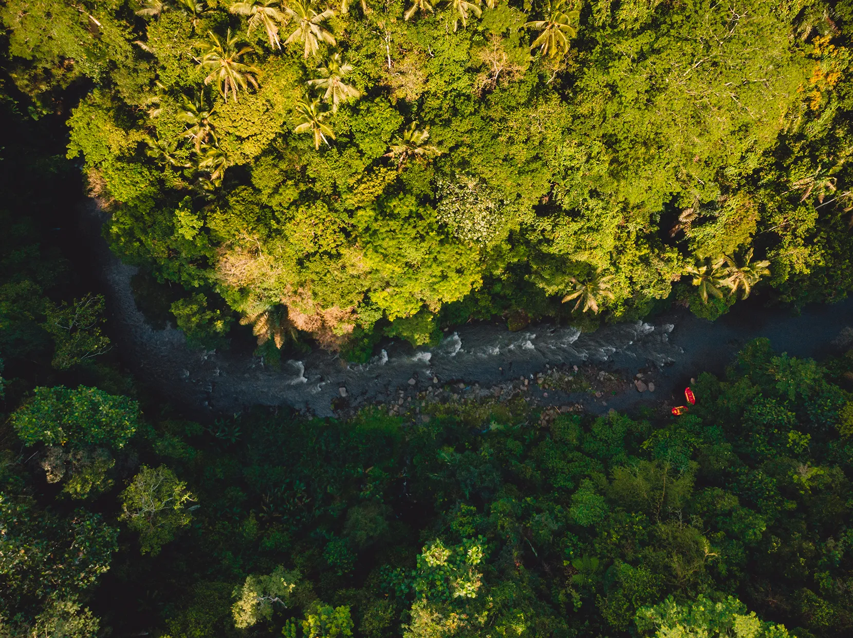 view from above of two boats white water rafting on the Ayung River in Indonesia 