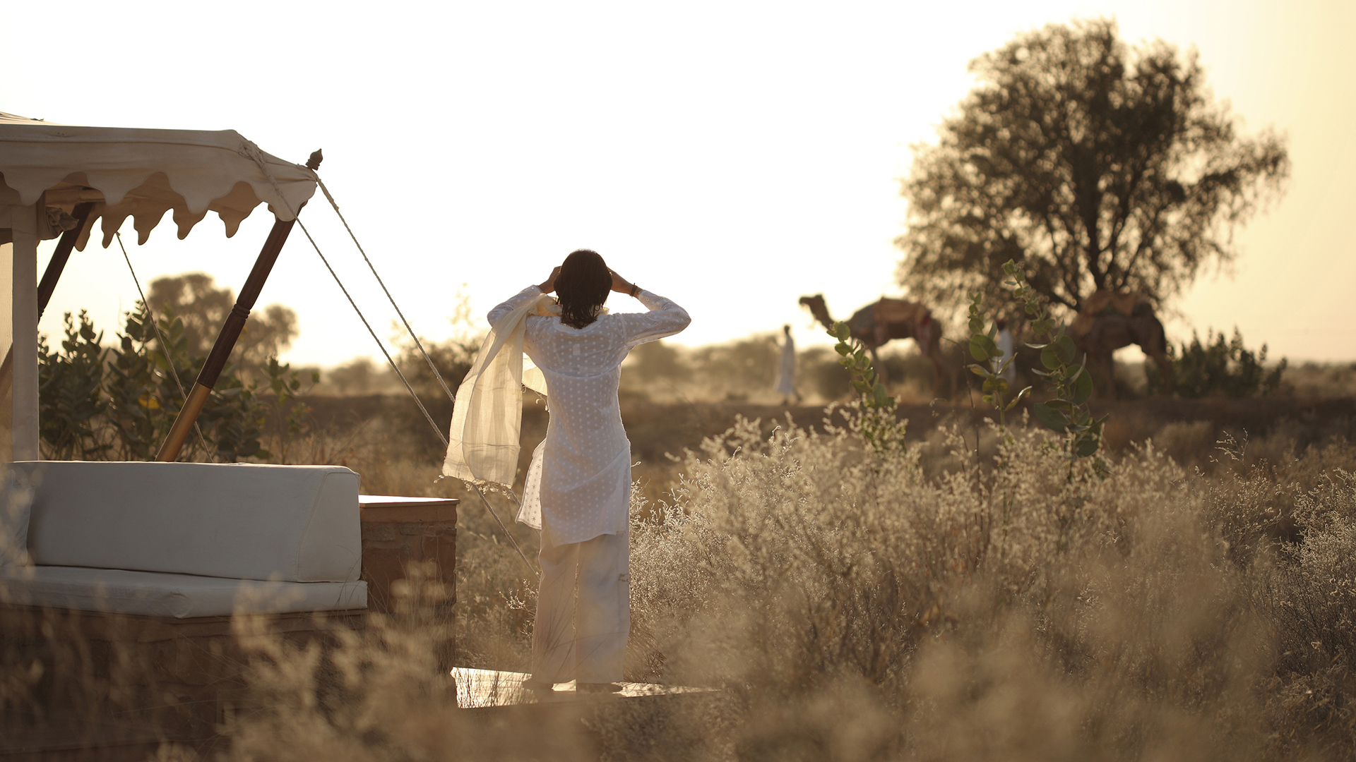 A woman in white linen clothing watches camels on a safari in India