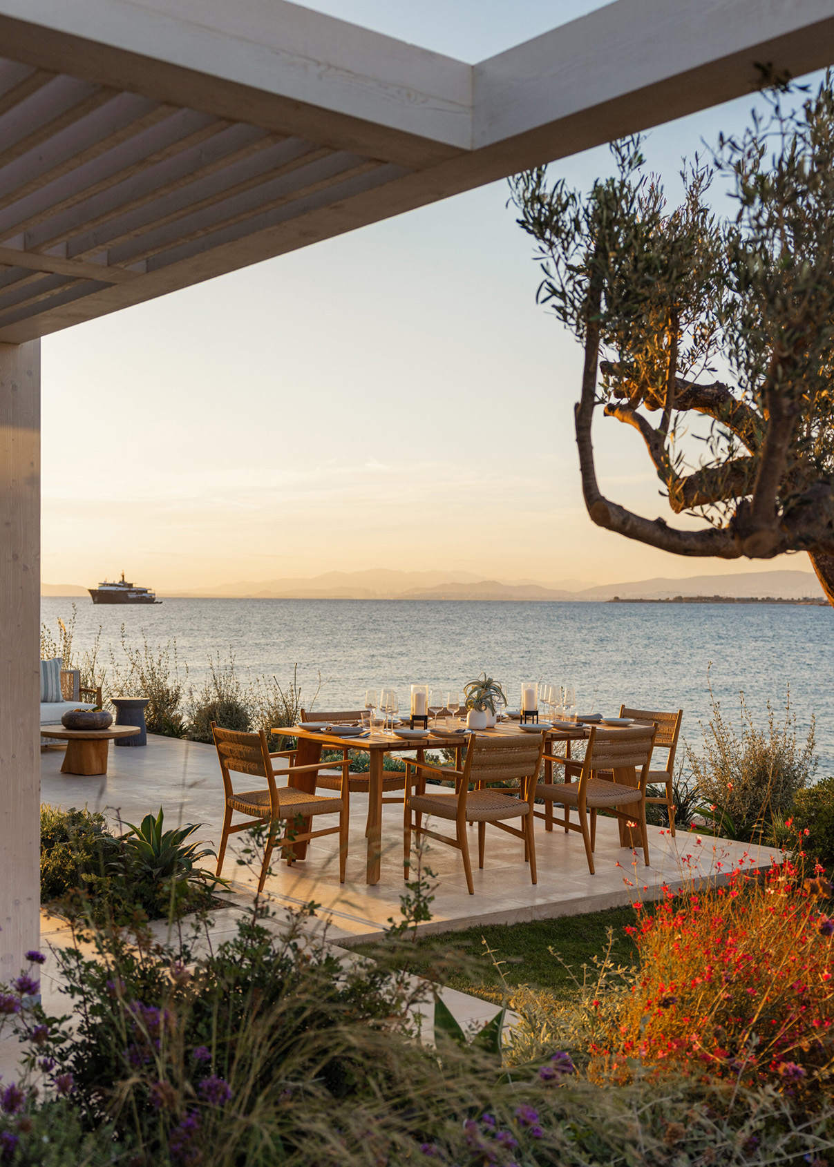 Europe, Greece, Athenian Riviera, One&Only Aesthesis, villa terrace at sunset