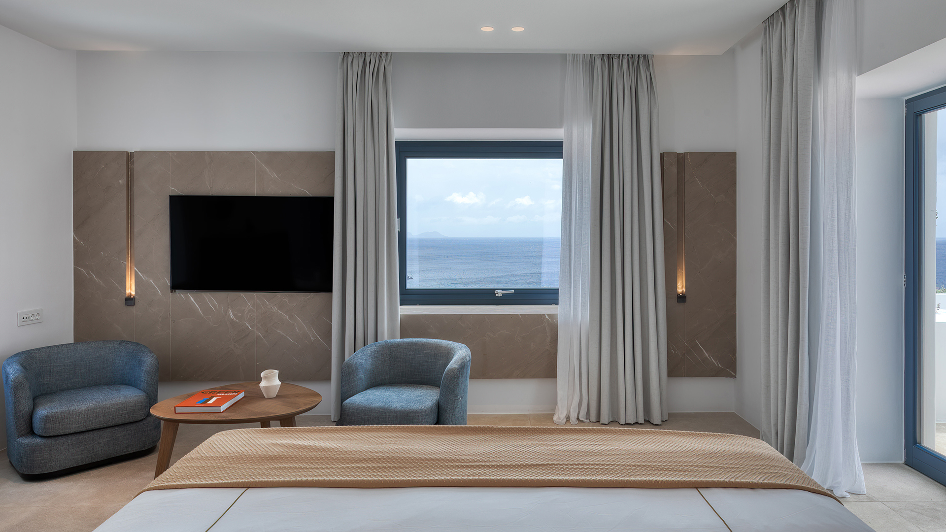 Europe, Greece, Mykonos, Cali Mykonos, Bed view