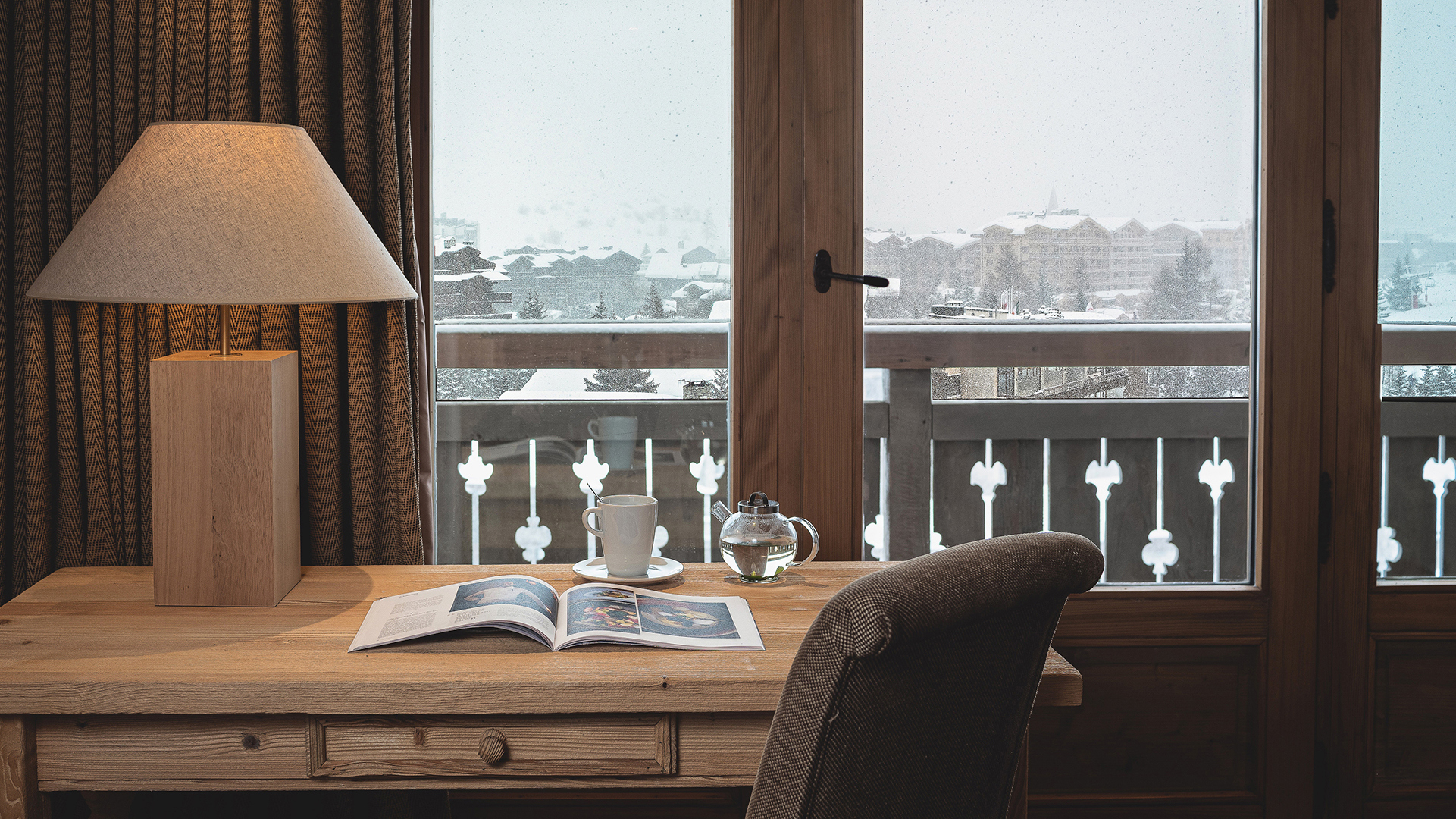 Ski & Snow. France, Val D'Isere, Les Barmes De l'Ours, View from bed prestige suite alpine chalet style