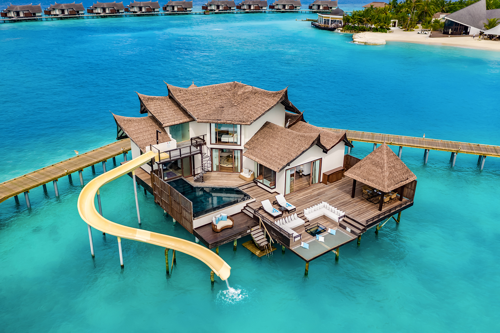 Indian Ocean, Maldives, Ozen Reserve Bolifushi, private ocean reserve villa from above 