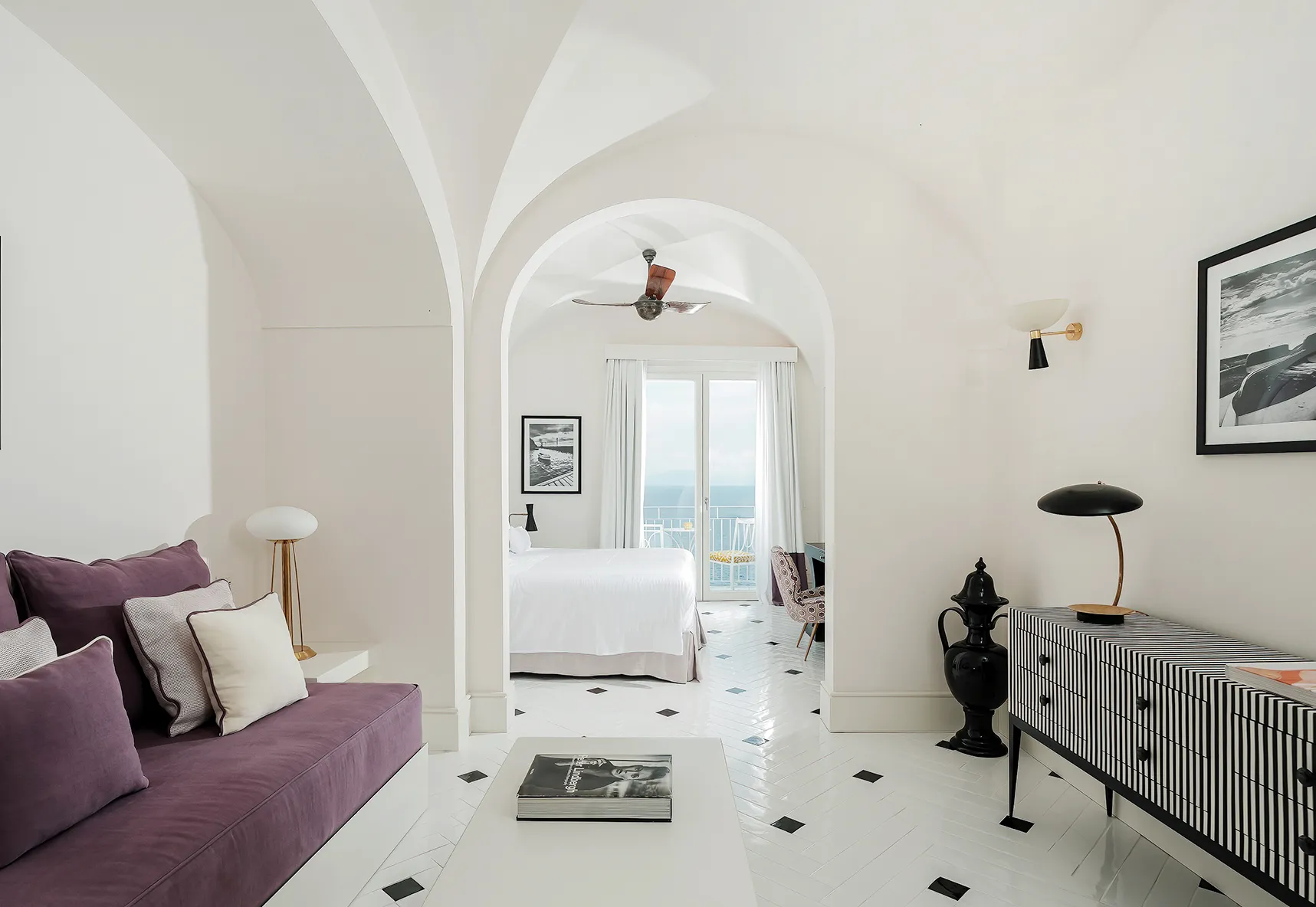 Europe, Italy, Amalfi Coast, Hotel Miramalfi, view of suite from the lounge into the bedroom