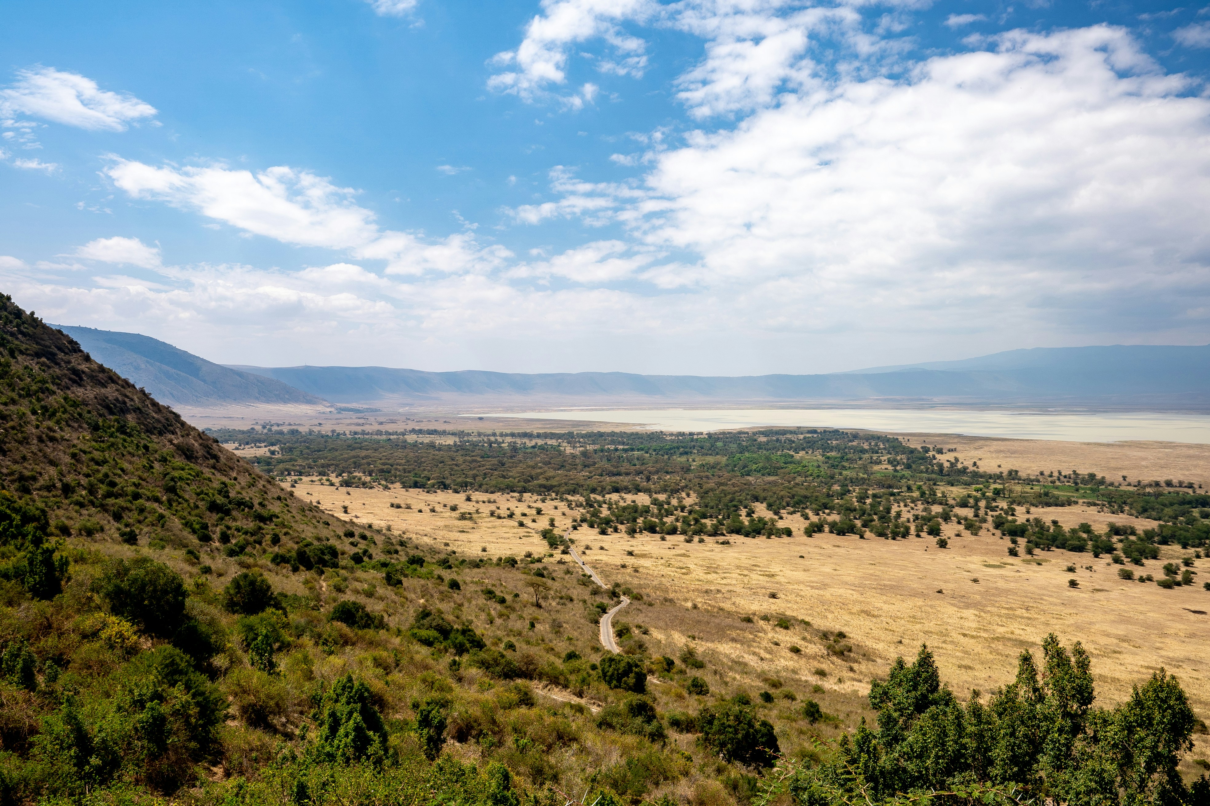 The vast landscape of Ngorongoro Crater with grassland and trees stretching to mountains on the horizon beneath blue and cloudy sky