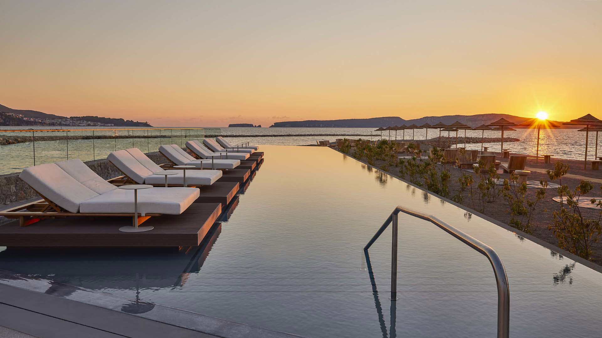 View from the main pool at W Costa Navarino during sunset 