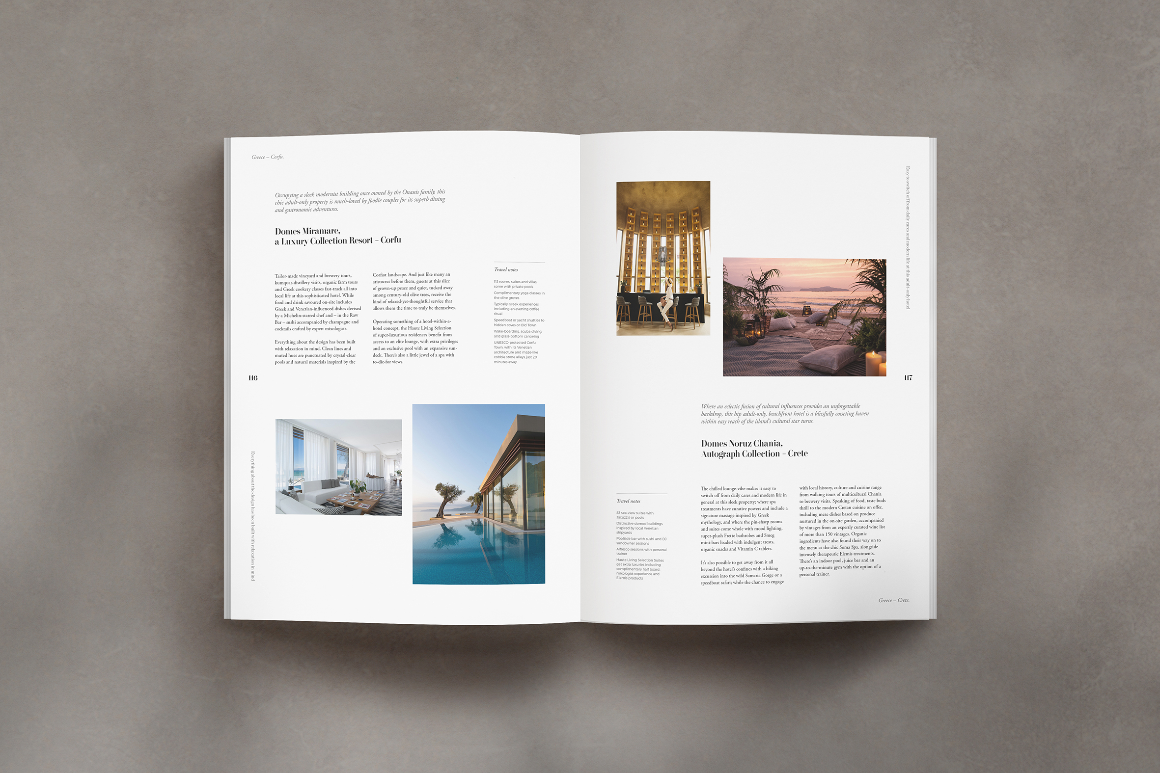 A book is spread open on a grey surface, its pages showing a selection of travel photos and accompanying words