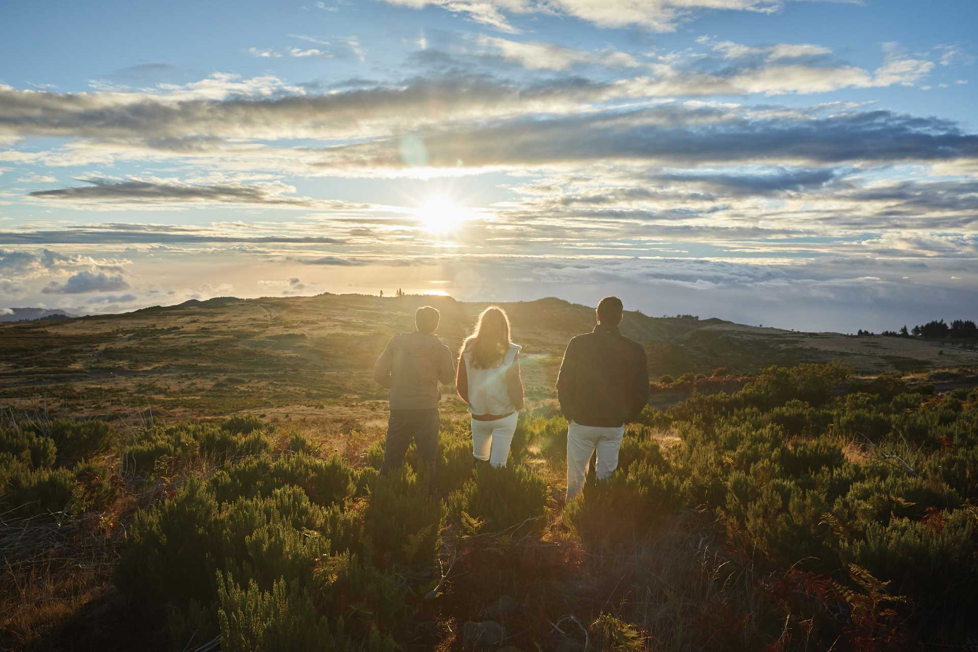 Three guests standing on a hillside overlooking rolling landscapes and clouds at sunset.