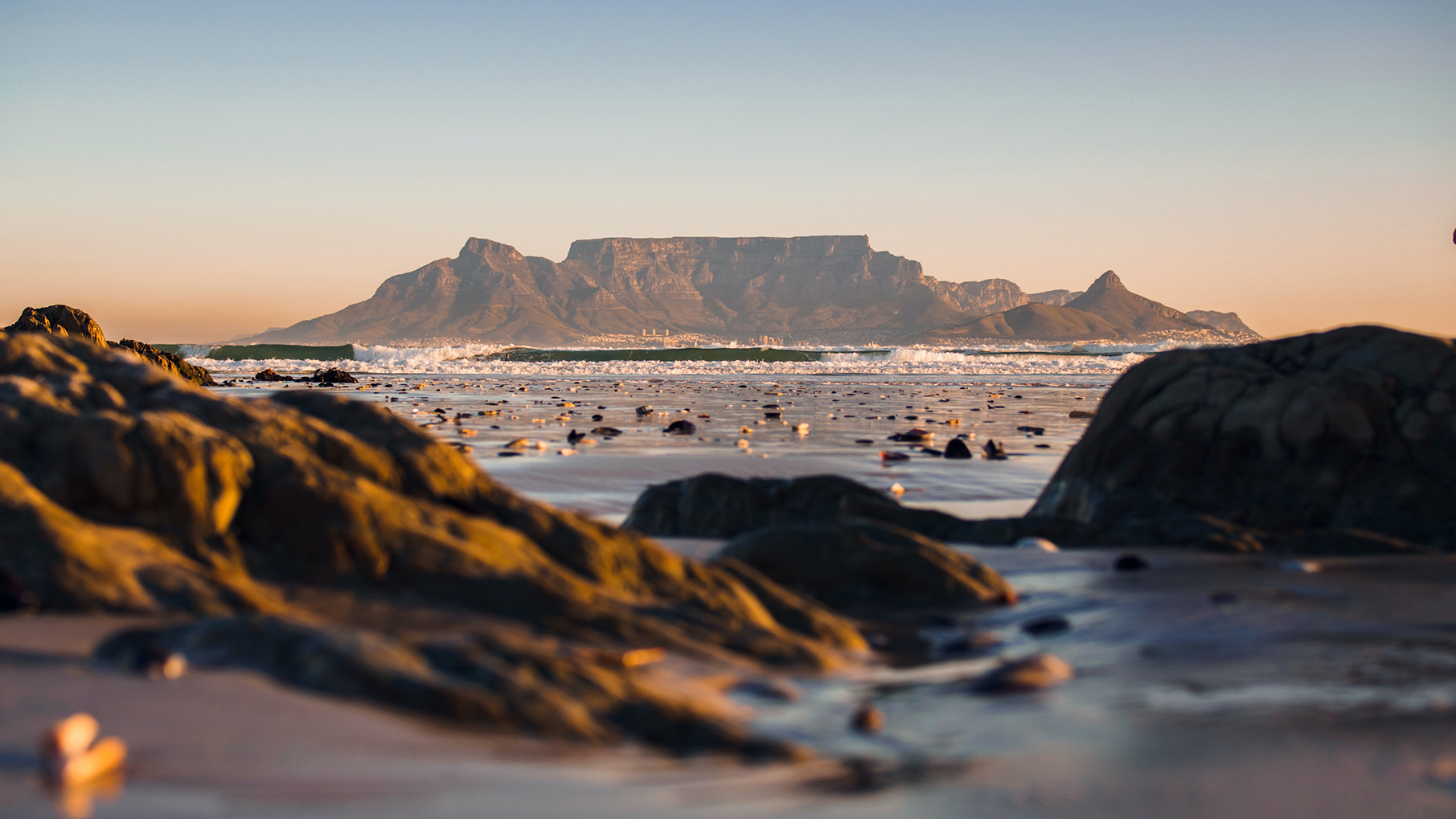 Low angle shot of Table Mountain, Cape Town at sunset 
