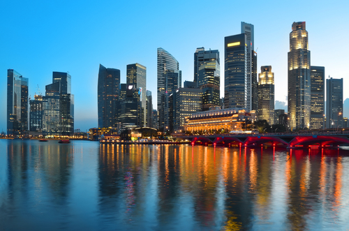 Asia, Singapore, Skyline from water 