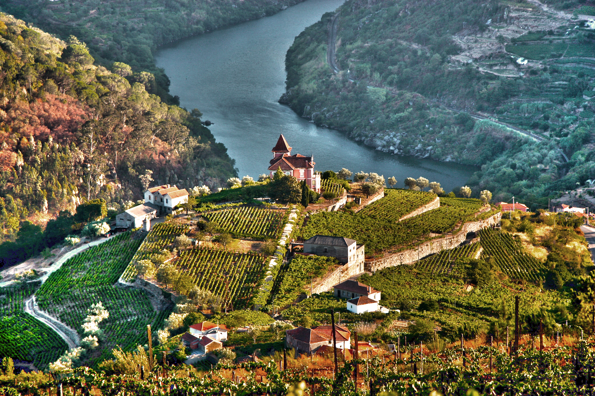 Aerial view of a building atop a farmed hill in Douro Valley